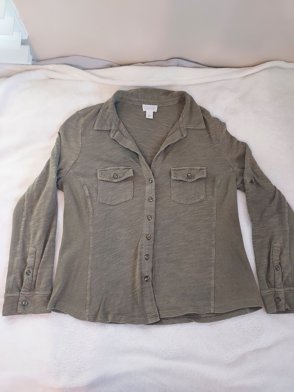 Caslon Olive Ribbed Crewneck Top Roll Tab Sleeves Gorpcore Fall Layering